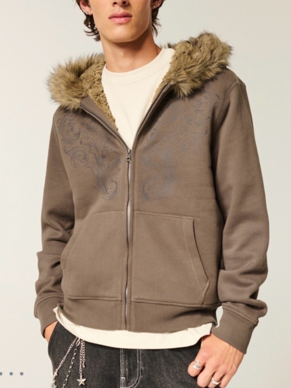 Men’s Hollister Faux Fur-Lined Graphic Zip-Up Hoodie